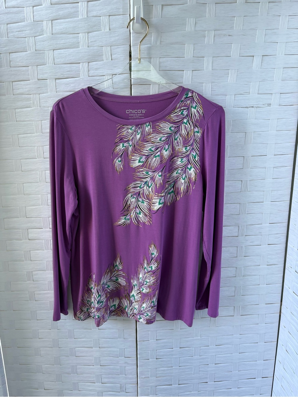 Chico's‎ Large Plum Feather-Print Long Sleeve Top Casual Office Soft Lightweight